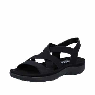 Rieker sandal til dame i sort med elastik og stødabsorberende sål samt elegant detalje