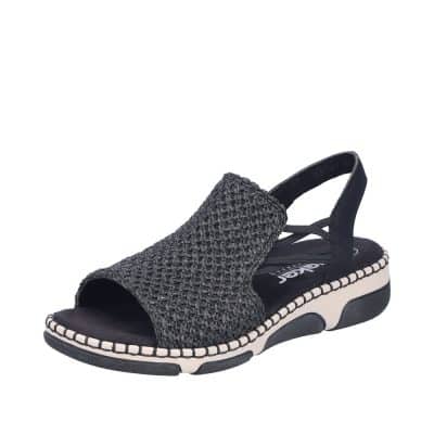 Rieker sandal i sort til dame med 4 cm kilehæl og elastikker i siderne samt stødabsorbering
