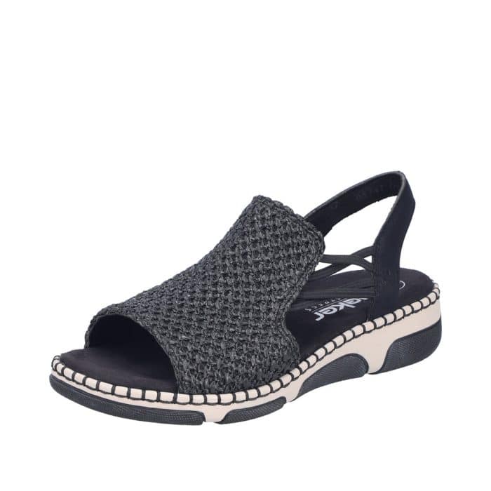 Rieker sandal i sort til dame med 4 cm kilehæl og elastikker i siderne samt stødabsorbering