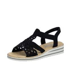 Rieker sandal til dame i sort med nitter og elastik samt kilehæl på 3,5 cm og stødabsorberende sål