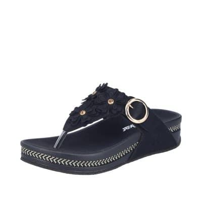 Rieker sandal til dame i sort med tå-rem og stødabsorberende sål og flot mønster pynt