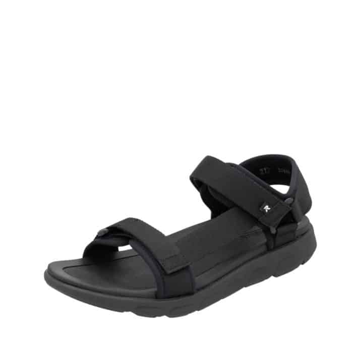 Rieker sandal til herre i sort med blød indersål og ekstra bredde G samt tre velcroremme