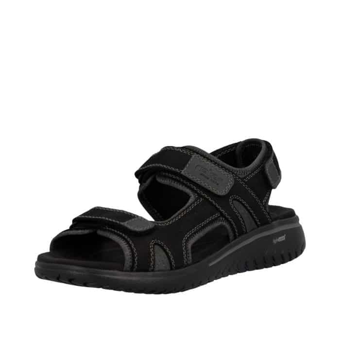 Rieker sandal til herre i sort, med stødabsorberende egenskaber, LightSole+ sål samt tre velcroremme for god pasform
