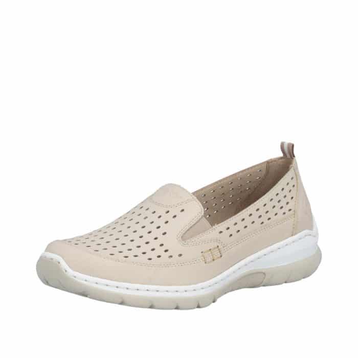 Rieker sko til dame i beige med skindoverdel og Memosoft-sål samt elastik og stødabsorberende sål