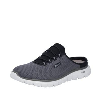 Rieker slippers til herre i grå med åben hælkappe samt elastik foran og mesh-overdel