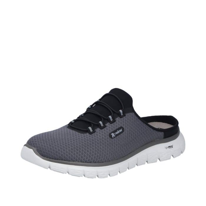 Rieker slippers til herre i grå med åben hælkappe samt elastik foran og mesh-overdel