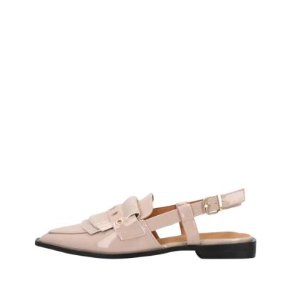 Shoecolate ballerinasko til dame i beige med lakoverdel og detalje foran samt justerbar spænde