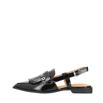 Shoecolate ballerinasko til dame i sort med lakoverdel og slingback samt spids snude og justerbar spænde