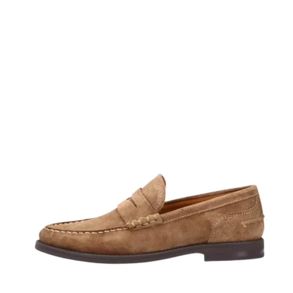 Shoedesign Copenhagen Solvej S loafers til dame i camel med ruskindsoverdel samt skindsål og flot detaljer over vristen