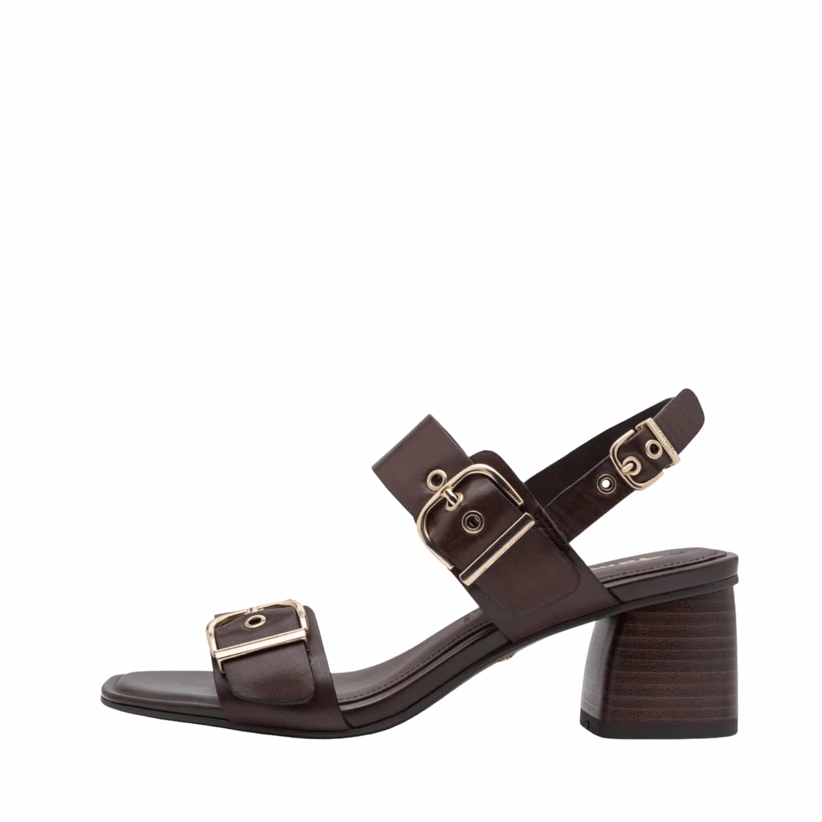 Tamaris sandal til dame i brun med og blokhæl på 5,5 cm samt justerbare gyldne spænder