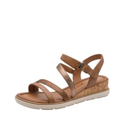 Tamaris sandal til dame i brun med kilehæl på 4,5 cm samt Touch-It sål og velcrorem