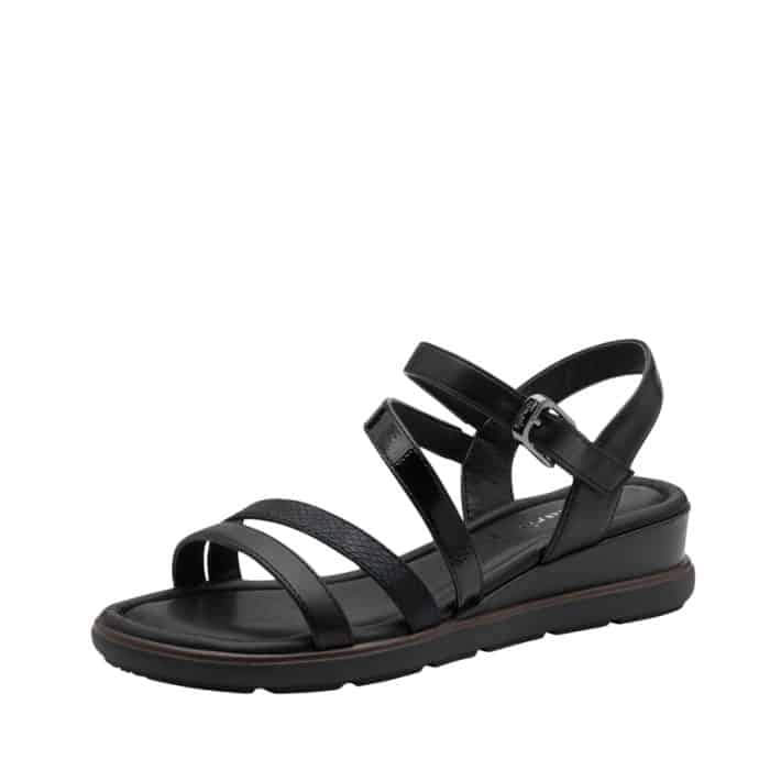 Tamaris sandal til dame i sort med kilehæl på 4,5 cm samt Touch-It sål samt velcrorem