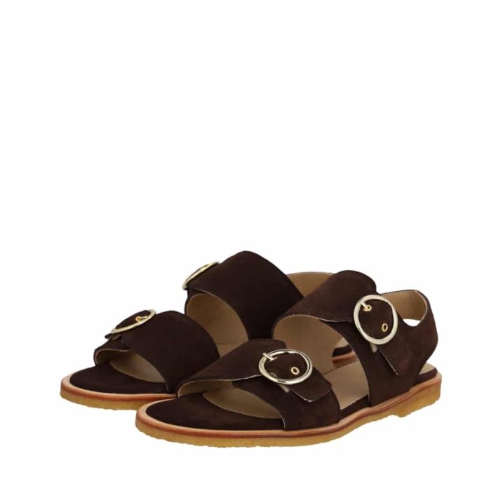 Angulus sandal til dame i mørkebrunt ruskind samt to justerbare spænder og rågummisål