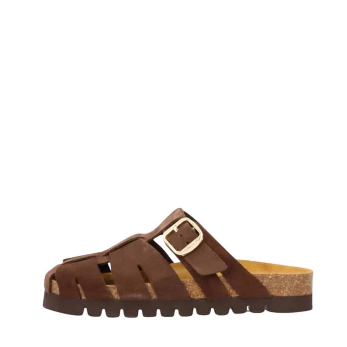 Phenumb Copenhagen Punch S slippers til dame i mørkebrunt skind med flettet rem og blød sål.