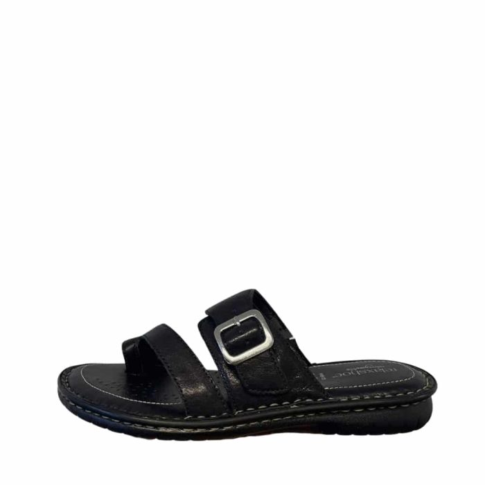 Relaxshoe sandal til dame i sort med justerbar rem og skind overdel.