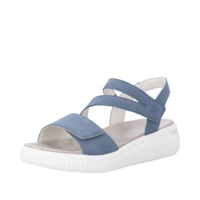 Remonte sandal til dame i blå med velcroremme samt blød og fleksibel bund.
