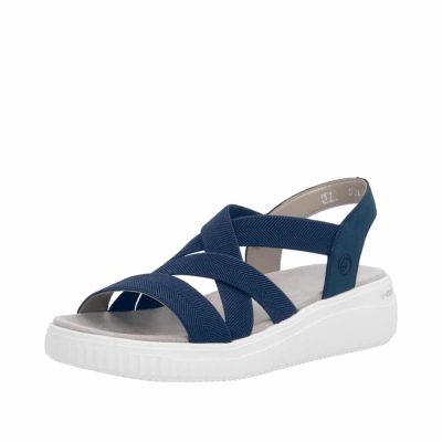Remonte sandal til dame i blå med elastiske remme og elegant kilehæl.