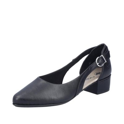 Rieker pumps til dame i sort med 3,5 cm blokhæl samt skindoverdel og stødabsorbering