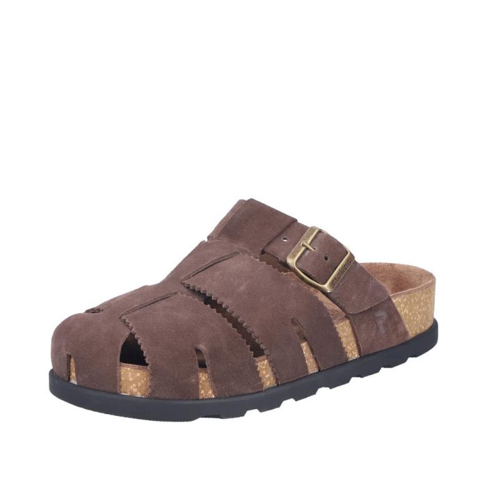 Rieker slipper til dame i brunt skind med lukket fod og rem med spænde.