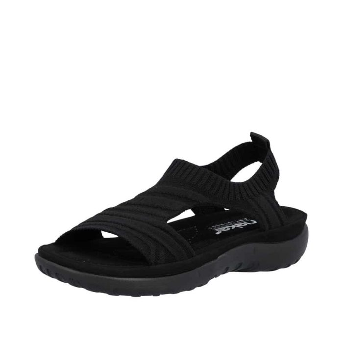 Rieker sandal til dame i sort med elastisk rem og fine detaljer.