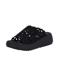 Rieker sandal til dame i sort med glimmeroverdel og kilehæl på 6 cm samt stødabsorberende sål