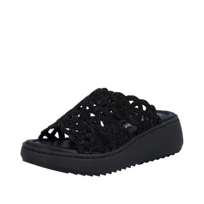 Rieker sandal til dame i sort med glimmeroverdel og kilehæl på 6 cm samt stødabsorberende sål