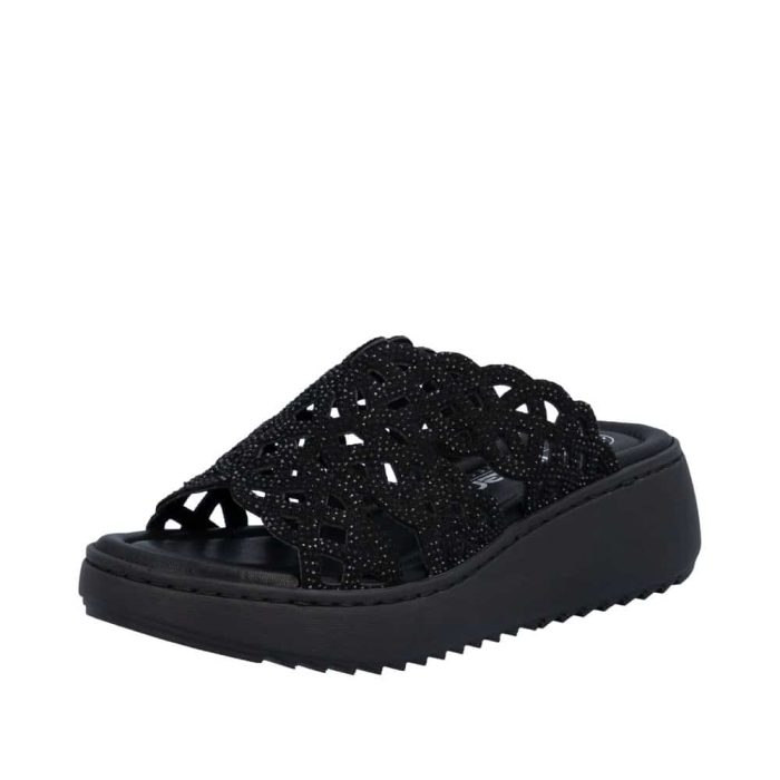 Rieker sandal til dame i sort med glimmeroverdel og kilehæl på 6 cm samt stødabsorberende sål