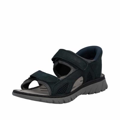 Rieker Ready 2 Go sandal til herre i blå med velcroremme og stødabsorbering.