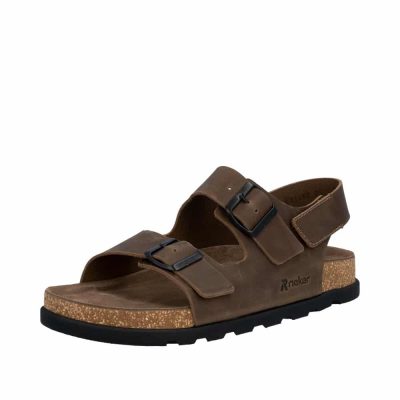 Rieker sandal til herre i brun skind med to remme samt velcrorem i hælen.