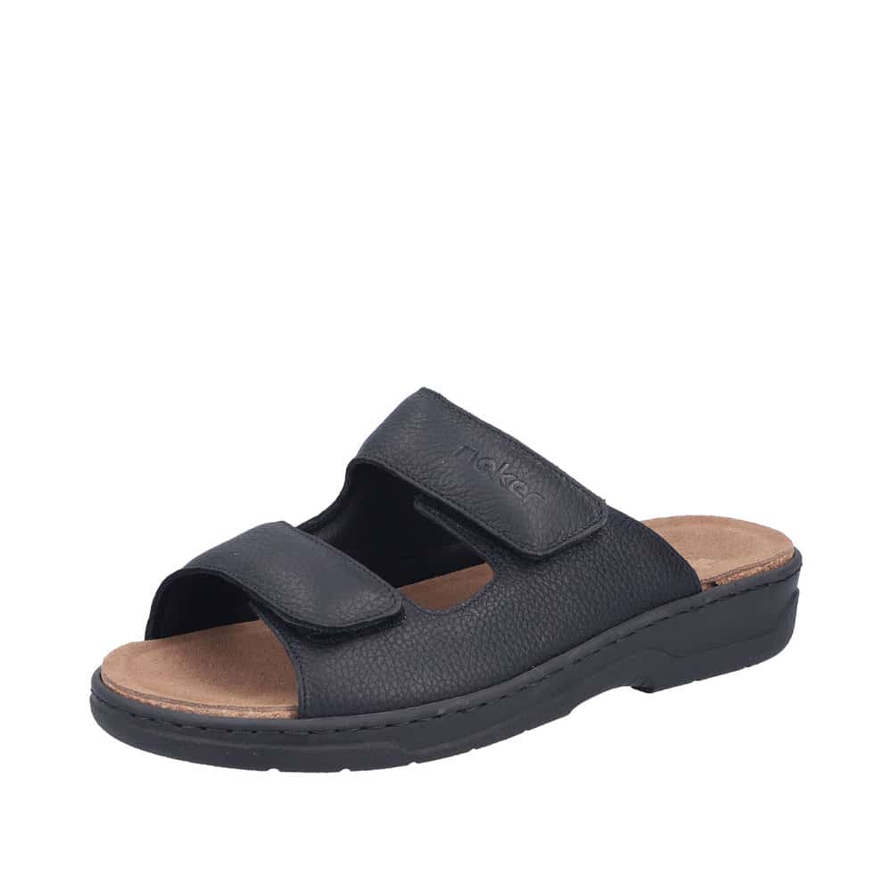 Rieker sandal til herre i sort skind med to velcroremme og udtagelig sål samt stødabsorbering og ekstra bredde H
