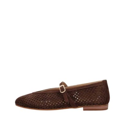 Shoedesign Copenhagen Jacey S ballerinasko i brun med fint hulmønster og rem med spænde.