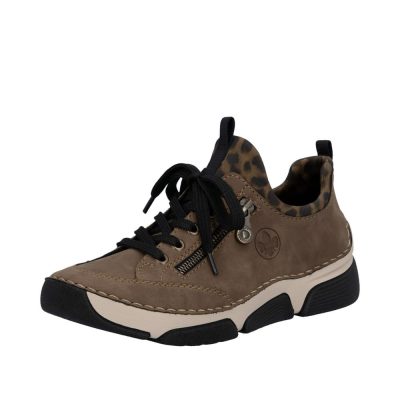 Rieker sneakers til dame i brun med pynte lynlås og snørebånd samt skindsål