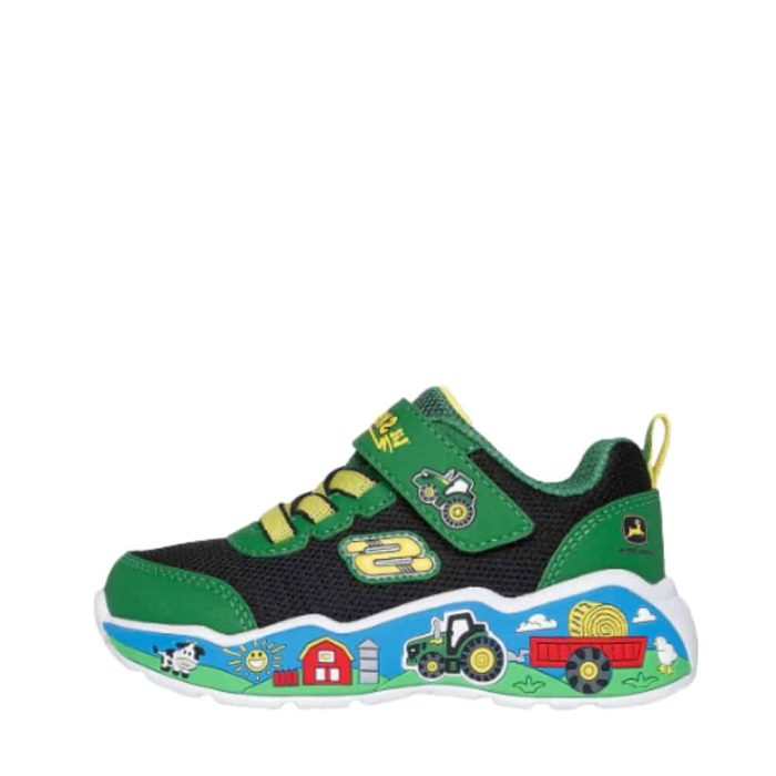 Skechers x John Deere: Play Scene Sneakers til børn i grøn med velcrorem og fast hælkappe.
