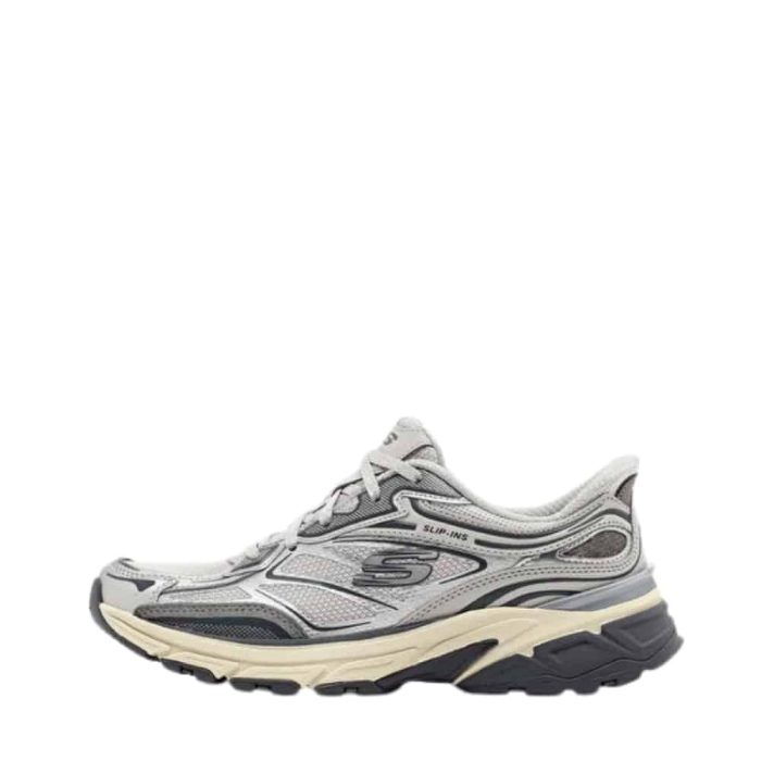 Skechers Slip-In Stamina Sport sneakers til dame i sølv med fast hælkappe og memory sål samt snørebånd