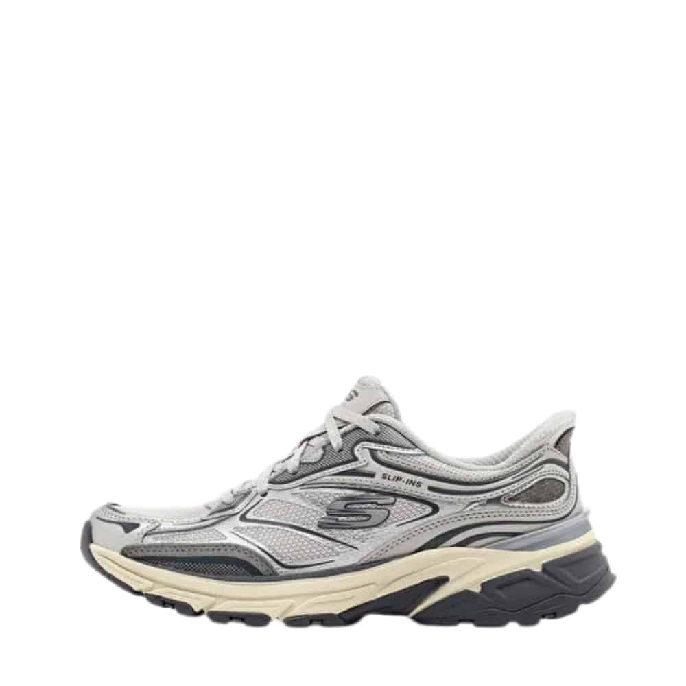 Skechers Slip-In Stamina Sport sneakers til dame i sølv med fast hælkappe og memory sål samt snørebånd