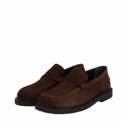 Angulus Penny loafers til dame i mørkebrun med ruskindsoverdel og rund snude