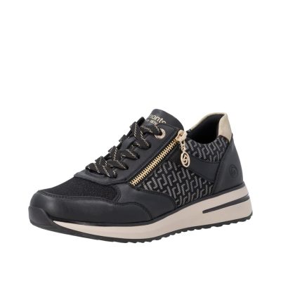 Remonte sneakers til dame i sort med guld detaljer og funktionel lynlås samt udtagelig sål