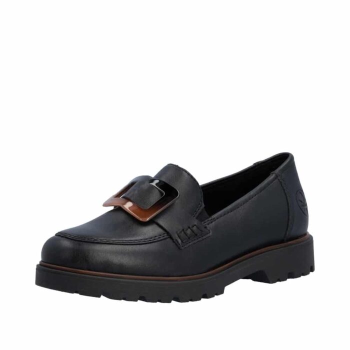 Rieker loafers til dame i sort med spændedetalje samt skindsål