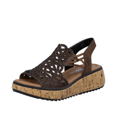 Rieker sandal til dame i brun med glimmeroverdel og elastik samt kilehæl på 5 cm