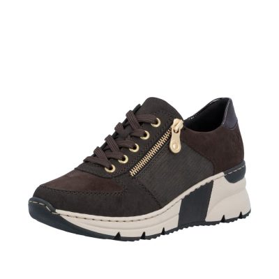 Rieker sneakers til dame i brunt ruskind med kilehæl og lynlås samt snørebånd