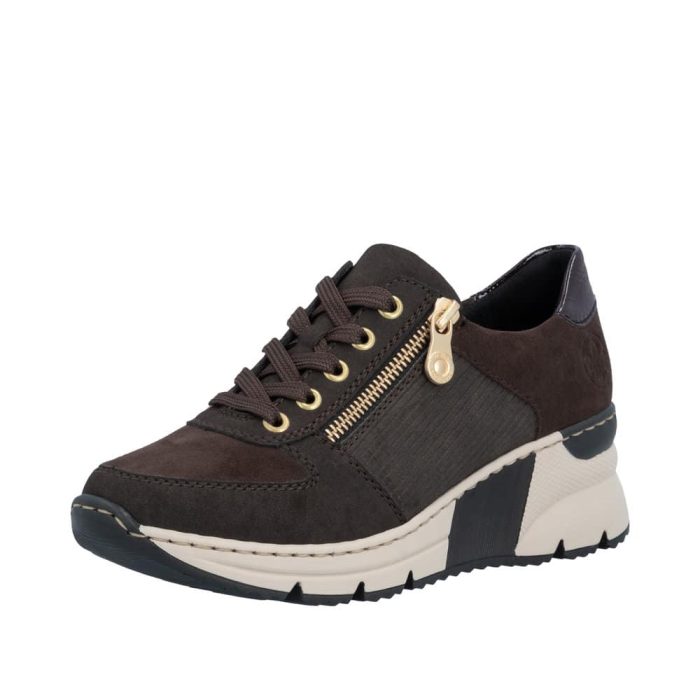 Rieker sneakers til dame i brunt ruskind med kilehæl og lynlås samt snørebånd