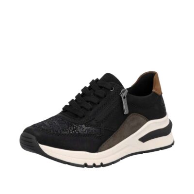 Rieker sneakers til dame i sort med udtagelig sål og ekstra bredde H samt funktionel lynlås