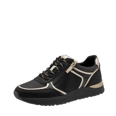 Tamaris sneakers til dame i sort med gulddetaljer og snørebånd samt udtagelig sål