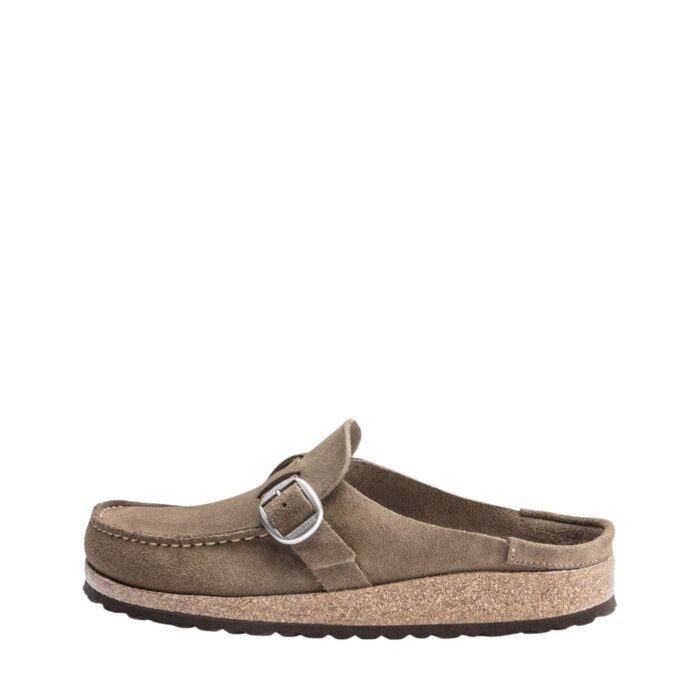 Birkenstock Buckley slippers til dame i beige med ruskindsoverdel og justerbar spænde